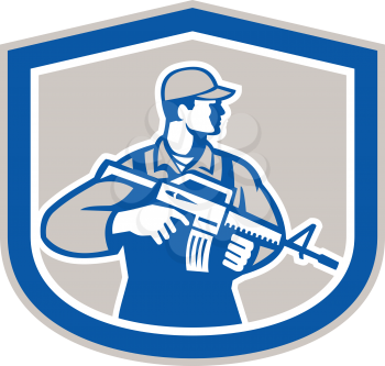 Illustration of an American soldier serviceman with assault rifle facing side set inside crest on isolated white background.