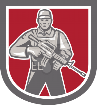 Illustration of a soldier serviceman with assault rifle facing front set inside shield crest shape on isolated white background done in retro style.