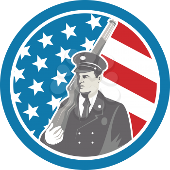 Illustration of an American soldier serviceman holding rifle facing side set inside circle with stars and stripes in the background done in retro style. 