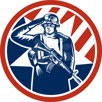 Illustration of an American soldier serviceman saluting holding rifle gun facing front inside circle done in retro style.