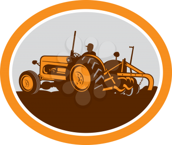 Illustration of a vintage tractor with farmer driver plowing field sideview set inside an oval done in retro style on isolated background. 