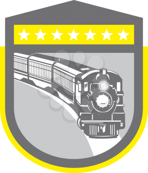 Illustration of a steam train locomotive viewed from front set inside shield crest on isolated background done in retro style.