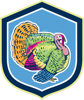 Illustration of a wild turkey side view walking set inside shield crest done retro style on isolated background.