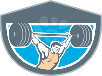 Illustration of a weightlifter lifting barbell over head set inside shield crest shape on isolated background done in retro style.