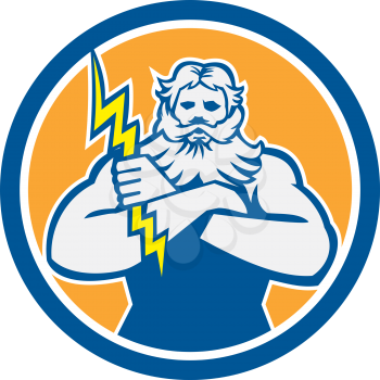 Illustration of Zeus Greek arms cross holding thunderbolt set inside circle on isolated background done in retro style. 