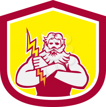 Illustration of Zeus Greek arms cross holding thunderbolt set inside shield crest on isolated background done in retro style. 
