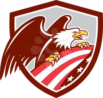 Illustration of an american bald eagle clutching a USA stars and stripes flag set inside shield crest done in retro style.