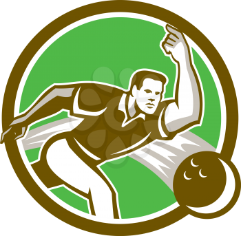 Illustration of a ten-pin bowler throwing bowling ball inside circle done in retro style on isolated background.