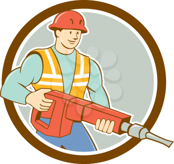 Illustration of a construction worker carrying holding jack hammer pneumatic drill set inside circle on isolated background done in cartoon style. 