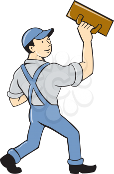 Illustration of a plasterer masonry tradesman construction worker standing with trowel looking to the side viewed from rear set on isolated white background done in cartoon style. 