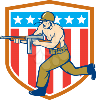Illustration of a World War two American soldier serviceman running with tommy thompson sub-machine gun set inside USA stars and Stripes shield in the background  done in cartoon style.