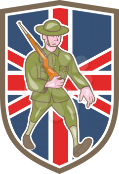 Illustration of a World War one British soldier serviceman marching with assault rifle viewed from side set inside shield with UK British flag in the background done in cartoon style.