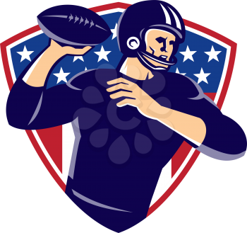 vector illustration of an american quarterback football player passing ball set inside shield with stars done in retro style.