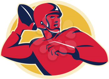 vector illustration of an american quarterback football player shouting throwing passing ball set inside circle done in retro style.
