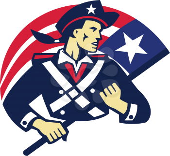 vector illustration of an american patriot minuteman militia revolutionary soldier holding stars and stripes flag of united states done in retro style.
