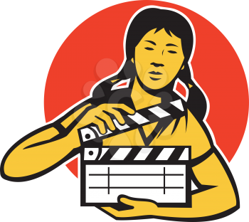 vector illustration of an Asian filmcrew woman girl with movie clapboard clapper viewed from front set inside circle done in retro style.