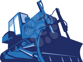 vector illustration of a bulldozer viewed from front side from a low angle on isolated white background done in retro style.