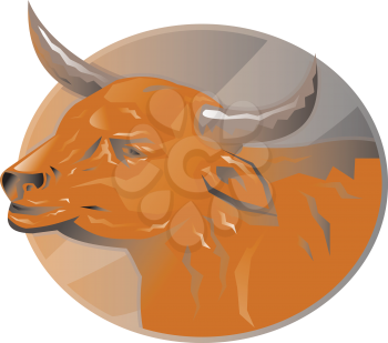 vector illustration of an angry bull head set inside ellipse done in retro style.