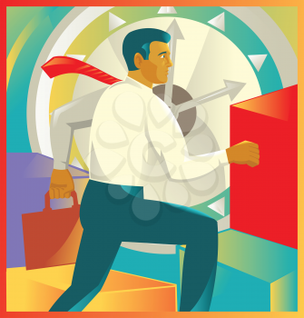 Retro style vector illustration of a businessman office worker carrying briefcase running up stairs with clock in the background.