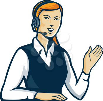 Illustration of a female telemarketer call center operator with headphones hand waving done in retro style on isolated white background.