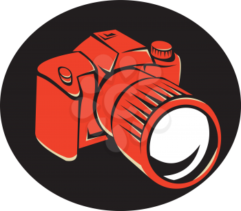 vector illustration of a dslr digital camera viewed from front at a high angle set in black background done in retro style.