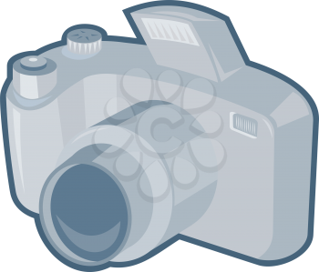 vector illustration of a dslr digital camera viewed from front on isolated white background done in art deco retro style.