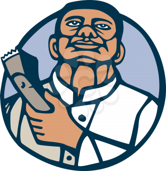 Illustration of an African-American barber holding a hair clipper facing front looking up set inside circle done in retro woodcut linocut style on isolated background.