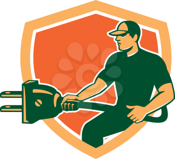 Illustration of a electrician worker carrying electric plug plugging facing side set inside shield crest on isolated background done in retro style.