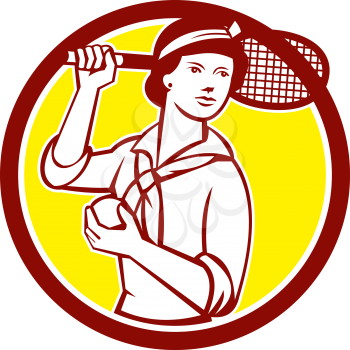 Illustration of a female tennis player holding racquet over shoulder set inside circle on isolated background done in vintage retro style. 