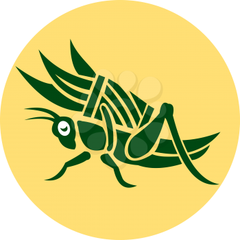 Illustration of a grasshopper carrying basket with grass and blade viewed from the side set inside circle on isolated background done in retro style. 
