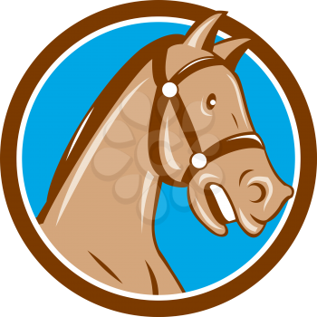 Illustration of a horse head with bridle viewed from the side set inside circle on isolated background done in cartoon style.