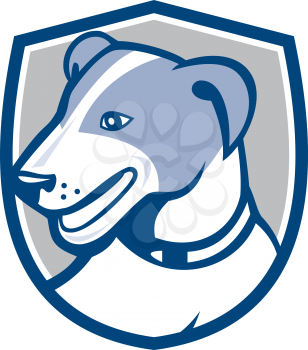 Illustration of a jack russell terrier dog head looking to the side set inside shield crest on isolated background done in cartoon style. 