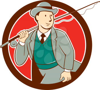 Illustration of a vintage fly fisherman tourist wearing bowler hat and vest with fly rod and reel set inside circle done in cartoon style .
