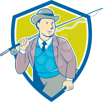 Illustration of a vintage fly fisherman tourist wearing bowler hat and vest with fly rod and reel set inside shield done in cartoon style .