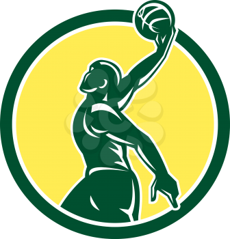 Illustration of a basketball player arm stretched dunking ball set inside circle on isolated background done in retro style.