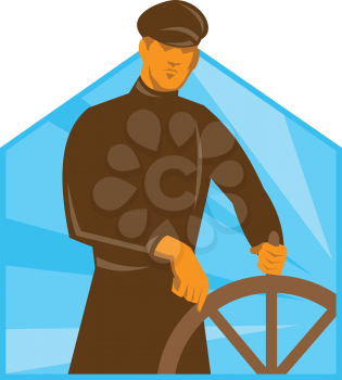 vector illustration of a ship captain helsman at the steering wheel viewed from front done in art deco retro style.