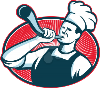 Illustration of a chef cook baker blowing a bullhorn blowhorn trumpet horn set inside oval with sunburst done in retro style.