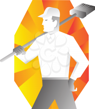 vector illustration of a male cleaner with broom looking to side retro style with sunburst in background.