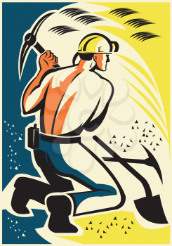 Illustration of a coal miner mining digging with pick ax inside mine done in retro style.