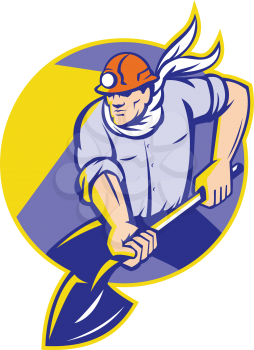 Illustration of a coal miner digger with spade shovel digging set inside circle done in retro style.