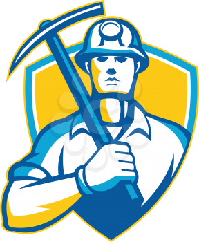 Illustration of a coal miner with pick ax facing front set inside shield done in retro style.