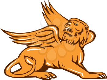 Illustration of a griffin, griffon, or gryphon sitting down looking up viewed from side on isolated white background done in retro style