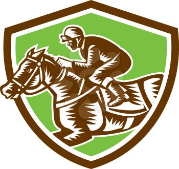 Illustration of horse and jockey racing viewed from the side set inside shield crest on isolated background done in retro woodcut style.