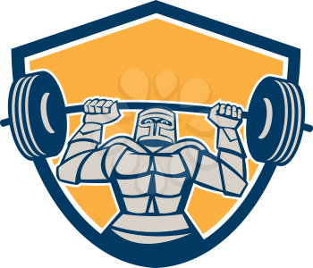 Illustration of knight in full armor lifting barbell weights set inside shield crest on isolated background done in retro style.