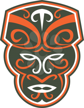 Illustration of a traditional maori mask face facing front on isolated white background done in retro style. 