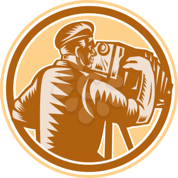 Illustration of a photographer shooting aiming with vintage bellows camera set inside circle on isolated background done in retro woodcut style.