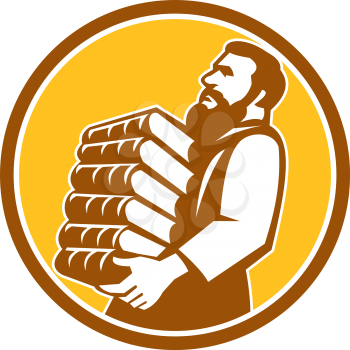 Illustration of Saint Jerome carrying a stack of books viewed from side set inside circle done in retro style.