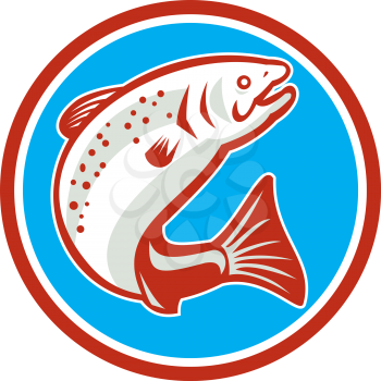 Illustration of a trout fish jumping viewed from the side set inside circle on isolated background done in retro style. 