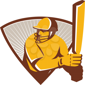 Illustration of a cricket batsman batting with bat set inside shield done in retro style.