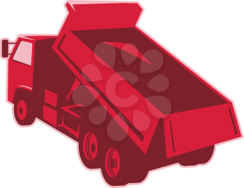 vector illustration of a dump dumper truck dumping load viewed from rear done in retro style on isolated white background.